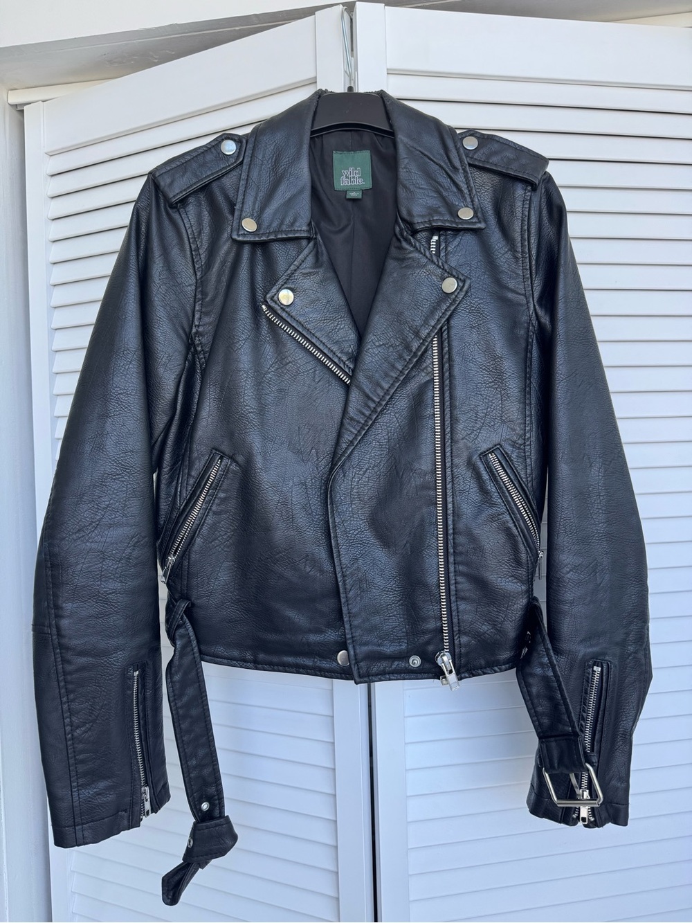 wild fable Black Faux Leather Moto Jacket with Belted Waist